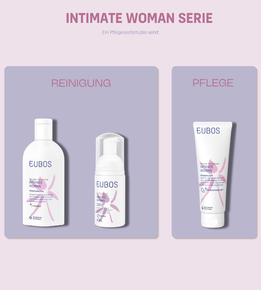 EUBOS Intimate Woman Serie. Produkte: Waschgel, Schaumdusche, Pflegecreme. Lila Hintergrund.